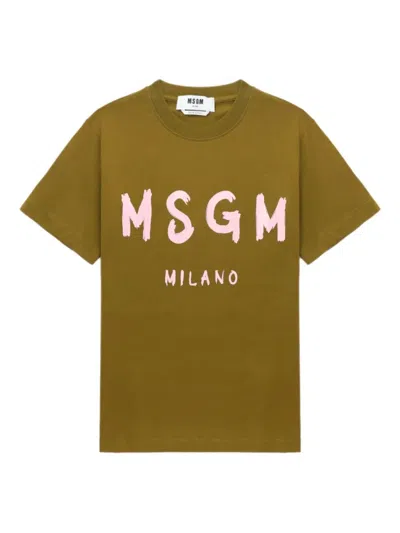 Msgm Logo Print Cotton T-shirt Clothing In Green