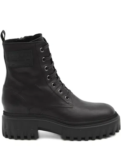 Hogan H700 Chunky Biker Boots In Leather In Black