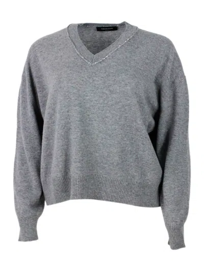 Fabiana Filippi Grey Sweater With V Neck And Micro Sequins In Wool Blend In Gray