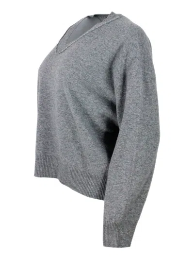 Fabiana Filippi Grey Sweater With V Neck And Micro Sequins In Wool Blend In Gray