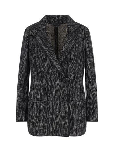 Giorgio Armani Tailored Jacket With Patterned Notched Lapels In Black