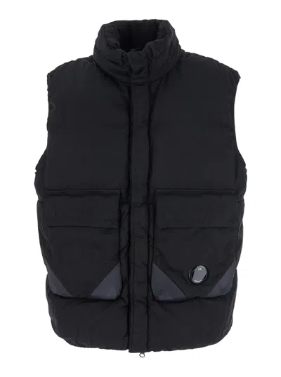 C.p. Company Black Vest With Mock Drawstring Neck And Logo Plaque On The Front In Black