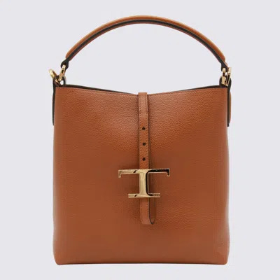 Tod's Brown Textured Leather Bucket Bag With Adjustable Strap And Gold-tone Logo In Brown