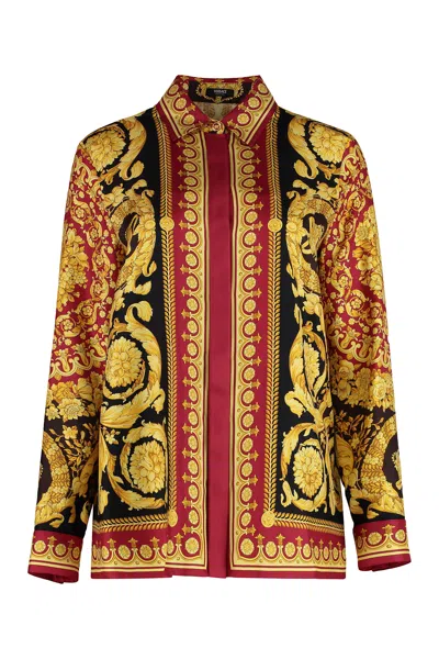 Versace Baroque Print Long Sleeve Collared Top In Gold