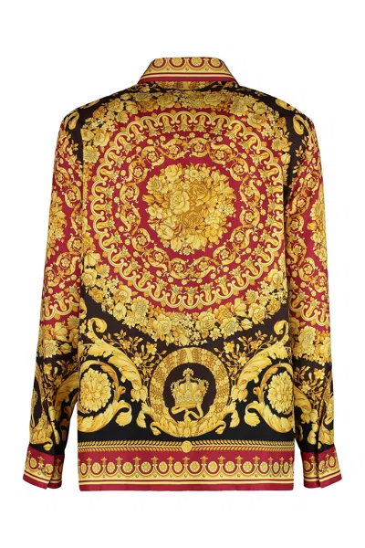 Versace Baroque Print Long Sleeve Collared Top In Gold