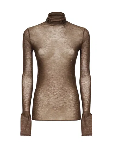 Pinko High-neck Slender-fit Top With Semi-transparent Knit In Brown