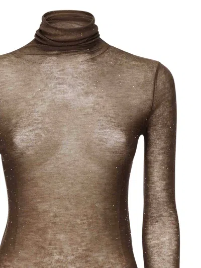 Pinko High-neck Slender-fit Top With Semi-transparent Knit In Brown