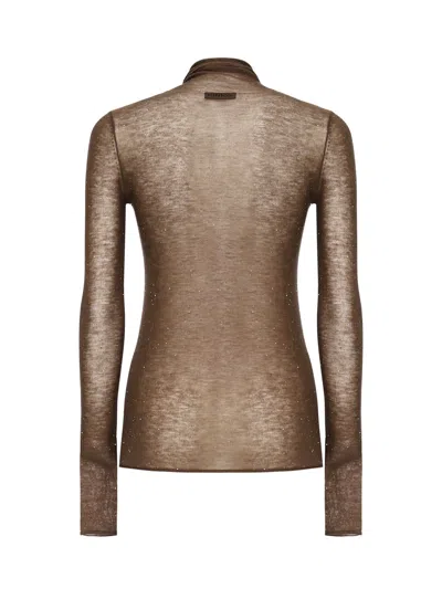 Pinko High-neck Slender-fit Top With Semi-transparent Knit In Brown