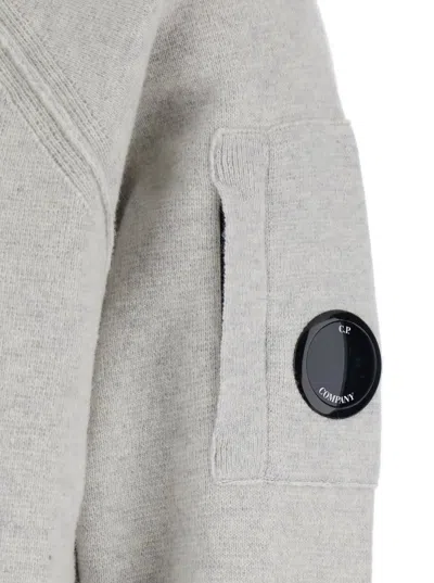 C.p. Company Grey Cardigan With Drawstring Hood And Logo Plaque On The Sleeve In Wool Blend Man In Gray