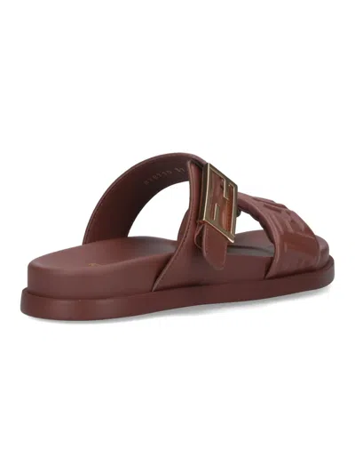 Fendi Slide Sandals With Buckle Detail And Flat Sole In Brown