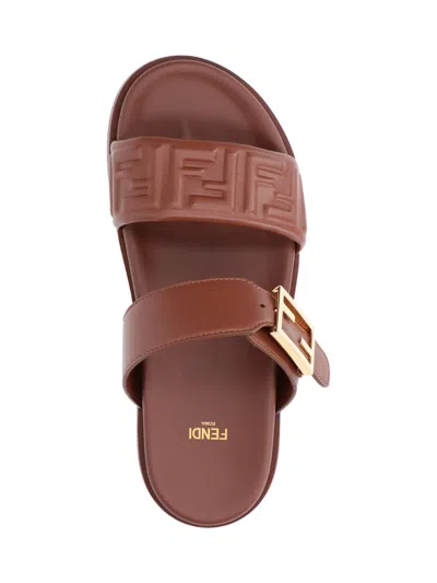 Fendi Slide Sandals With Buckle Detail And Flat Sole In Brown