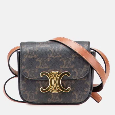 Pre-owned Celine Brown Mini Triomphe Coated Canvas Triomphe Crossbody