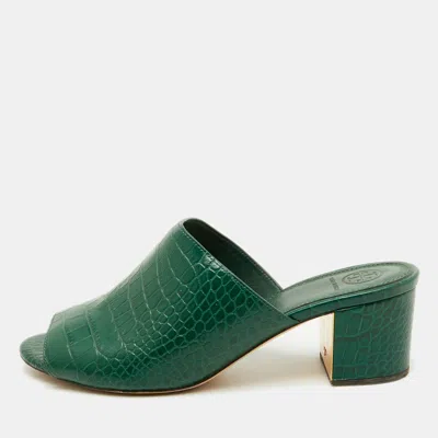 Pre-owned Tory Burch Green Croc Embossed Leather Martine Block Heel Slide Sandals Size 39