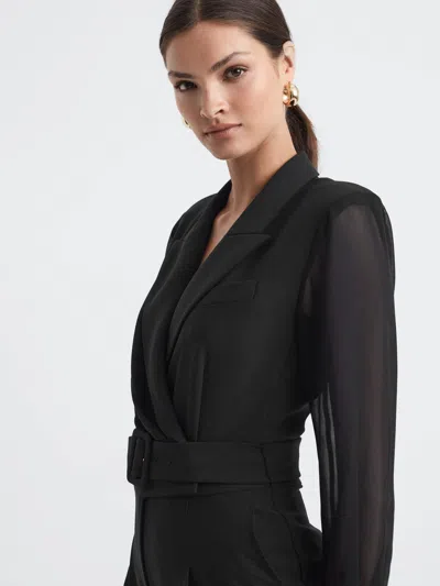Reiss Black Petite Sheer Belted Double Breasted Jumpsuit In Black