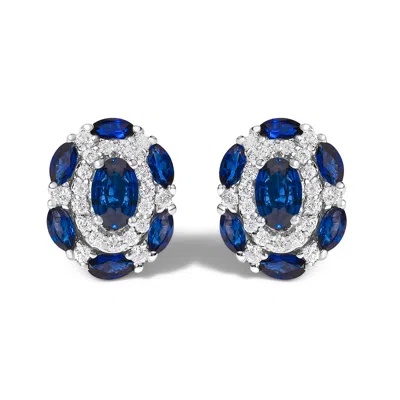 Haus Of Brilliance 14k White Gold Blue Sapphire And Diamond Vintage Style Stud Earrings In Blue