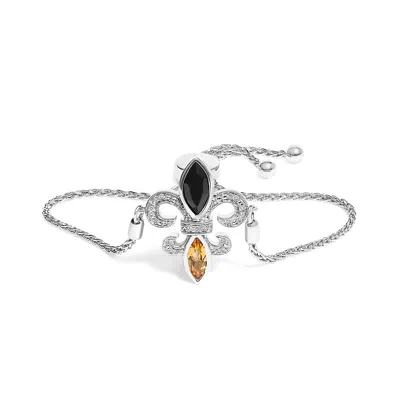 Haus Of Brilliance .925 Sterling Silver Marquise Black Onyx, Orange Citrine, And Diamond Accent Lariat 4"-10" Fleur De  In White