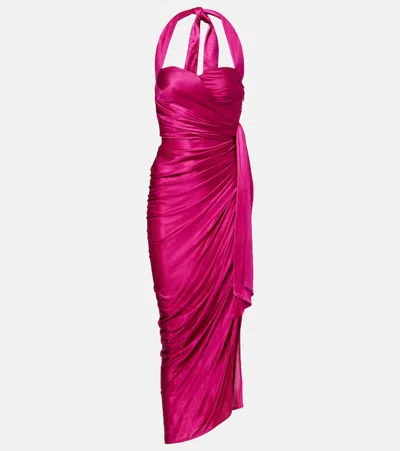 Balmain Long Satin Draped Halter Neck Dress In Pink
