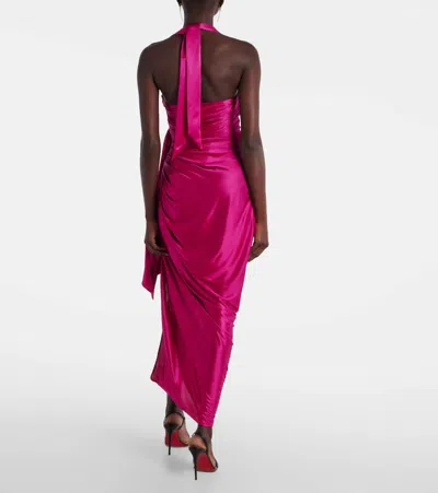 Balmain Long Satin Draped Halter Neck Dress In Pink