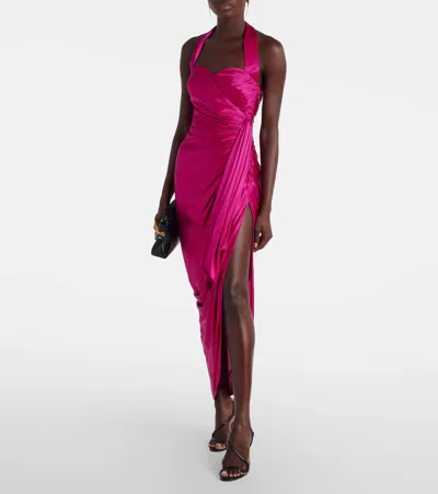 Balmain Long Satin Draped Halter Neck Dress In Pink