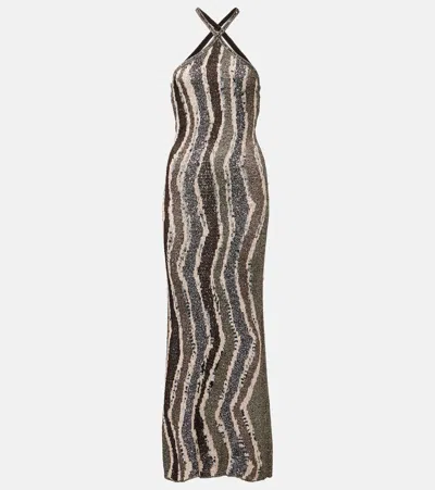 Missoni Womens Brown Tones Stripes Halterneck Metallic Knitted Midi Dress
