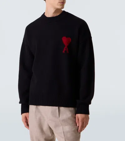 Ami Alexandre Mattiussi Relaxed Fit Black Wool Turtleneck Sweater With Graphic Heart Motif In Black