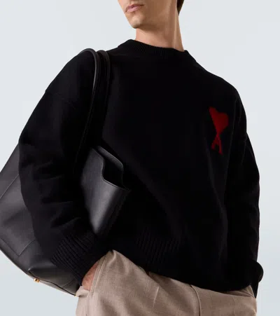 Ami Alexandre Mattiussi Relaxed Fit Black Wool Turtleneck Sweater With Graphic Heart Motif In Black