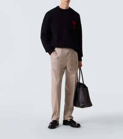 Ami Alexandre Mattiussi Relaxed Fit Black Wool Turtleneck Sweater With Graphic Heart Motif In Black