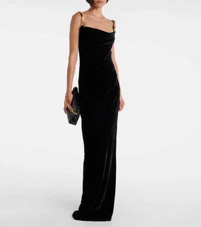Balmain Button Cowl-neck Velvet Slit Maxi Dress In Black