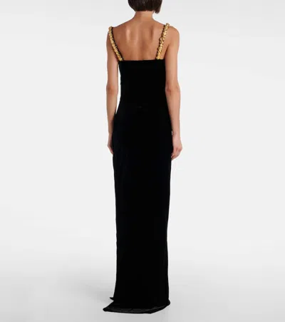 Balmain Button Cowl-neck Velvet Slit Maxi Dress In Black