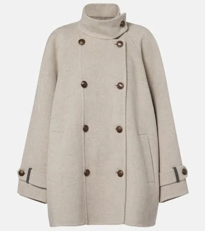 Brunello Cucinelli Virgin Wool And Cashmere Peacoat In Double Cloth With Shiny Cuff Details In Neutral