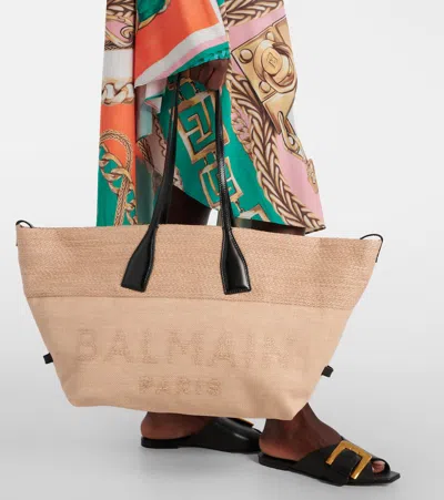 Balmain Track Tote Bag In Jacquard And Calfskin In Sand