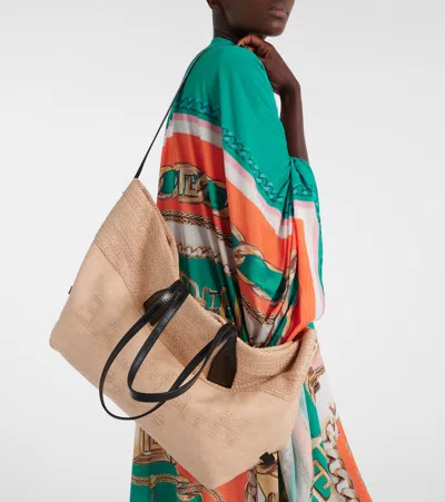 Balmain Track Tote Bag In Jacquard And Calfskin In Sand