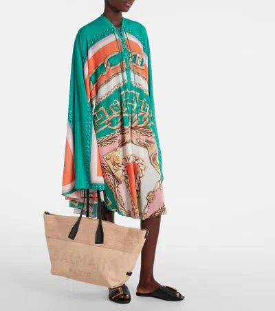 Balmain Track Tote Bag In Jacquard And Calfskin In Sand