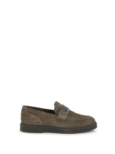 Brunello Cucinelli Suede Monili Penny Loafers In Brown
