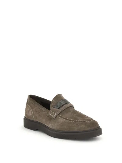 Brunello Cucinelli Suede Monili Penny Loafers In Brown