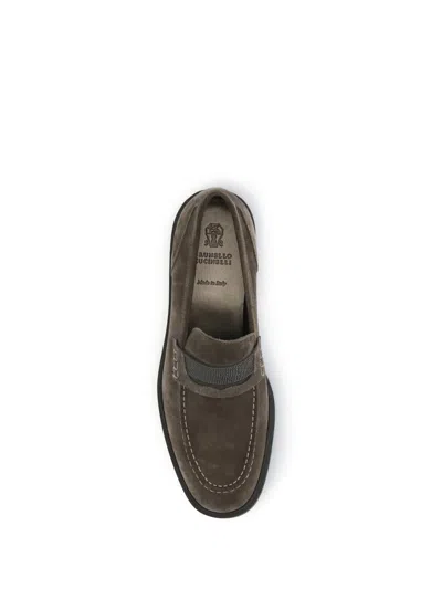 Brunello Cucinelli Suede Monili Penny Loafers In Brown