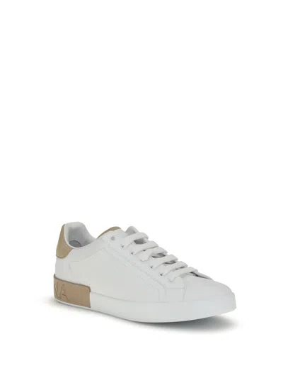 Dolce & Gabbana Portofino Leather Sneakers In White And Tan In White