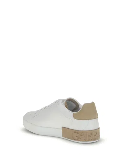 Dolce & Gabbana Portofino Leather Sneakers In White And Tan In White