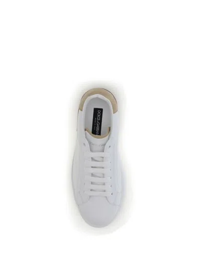 Dolce & Gabbana Portofino Leather Sneakers In White And Tan In White