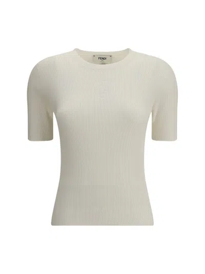 Fendi Ribbed Cotton T-shirt With Subtle Logo Detail In White