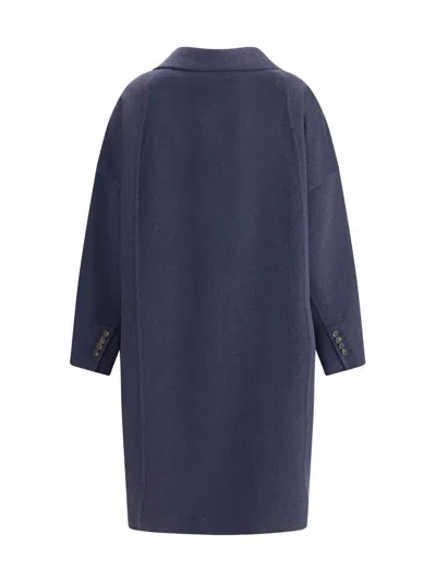 Brunello Cucinelli Double-breasted Black Cashmere Coat With Peak Lapels In Blue