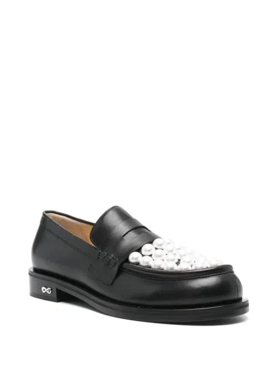 Mach&mach Pearl Embellished Leather Loafers In Black