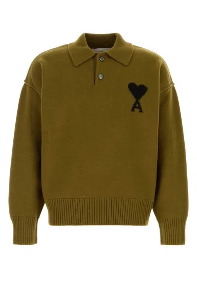 Ami Alexandre Mattiussi Heart-logo Wool Polo Sweater In Green