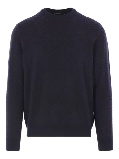Giorgio Armani Chevron Pattern Long Sleeve Wool Blend Sweater In Blue