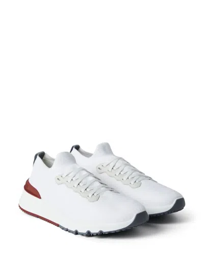 Brunello Cucinelli Cotton Knit And Semi-polished Calfskin Runner Sneakers Shoes In White