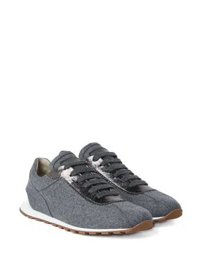 Brunello Cucinelli Women Low-top Wool Flannel Sneakers With Leather Profiles In Black
