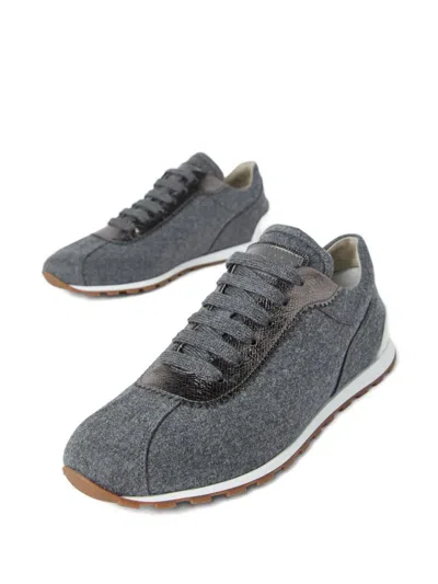 Brunello Cucinelli Women Low-top Wool Flannel Sneakers With Leather Profiles In Black