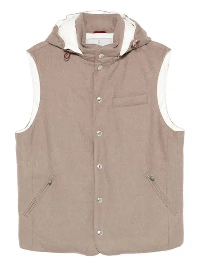 Brunello Cucinelli Sleeveless Down Jacket In Membraned Wool Flannel With Detachable Hood Clothing In Brown