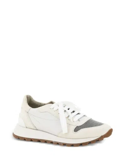 Brunello Cucinelli Runners In Suede And Techno Fabric With Precious Toe In White