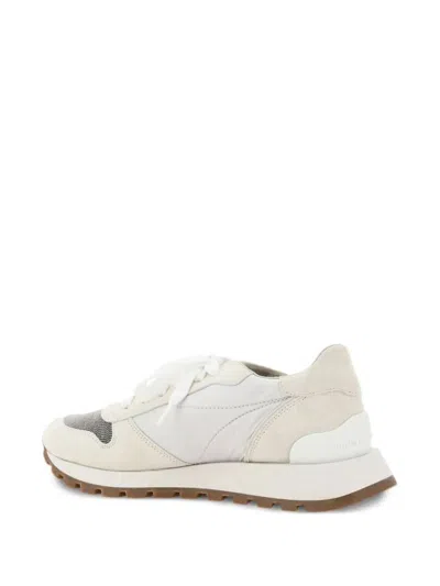 Brunello Cucinelli Runners In Suede And Techno Fabric With Precious Toe In White